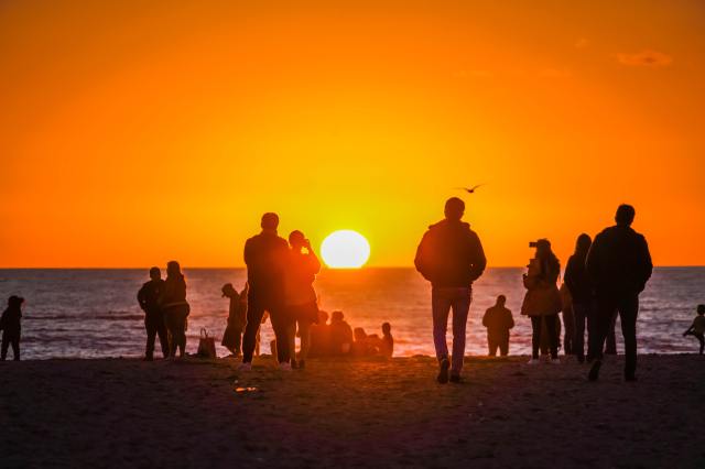 Families on beach at sunset